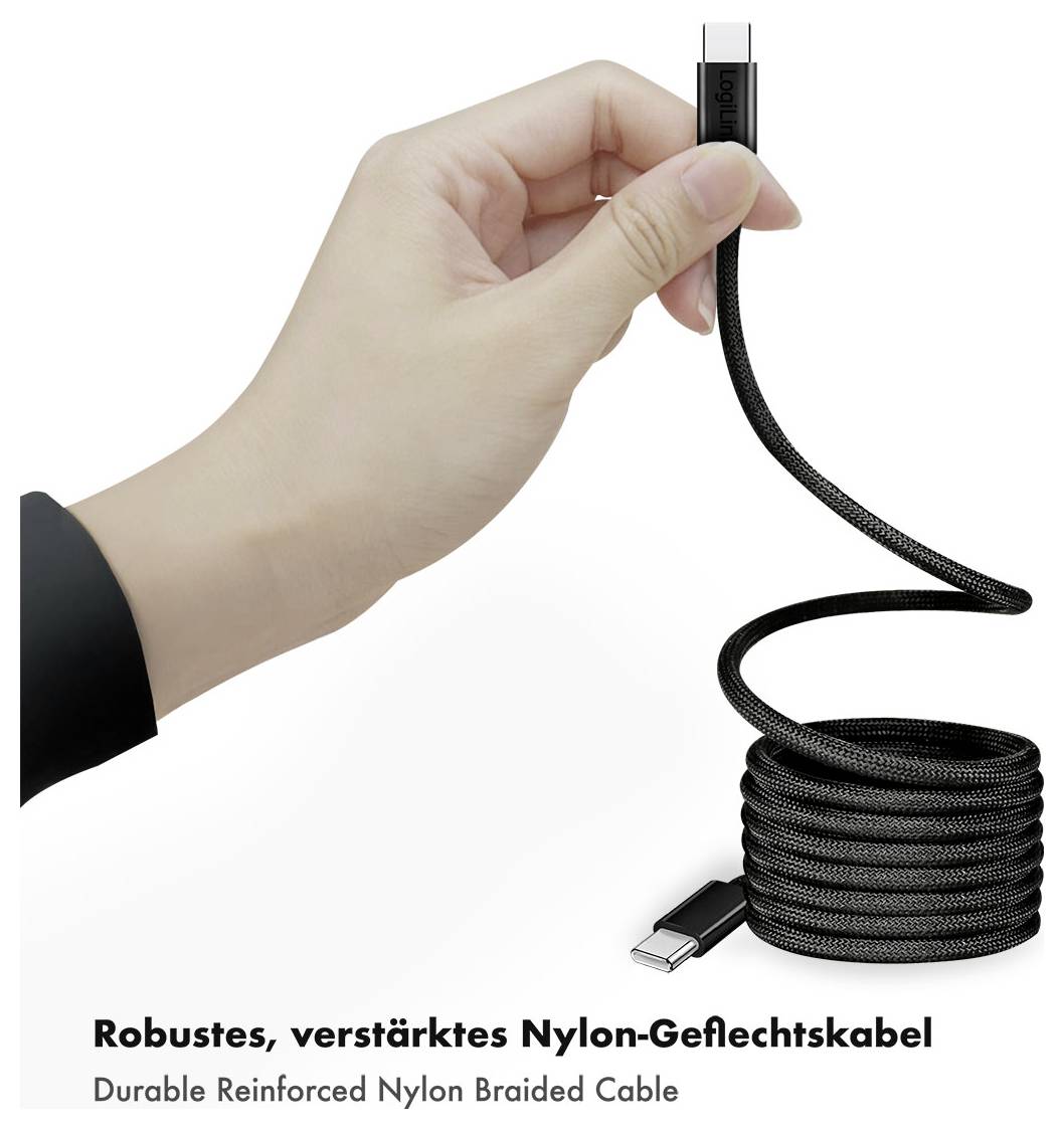Hand, die ein schwarzes geflochtenes USB-C-Kabel hält, das teilweise aufgerollt ist, um das langlebige verstärkte Nylon-Design zu zeigen.