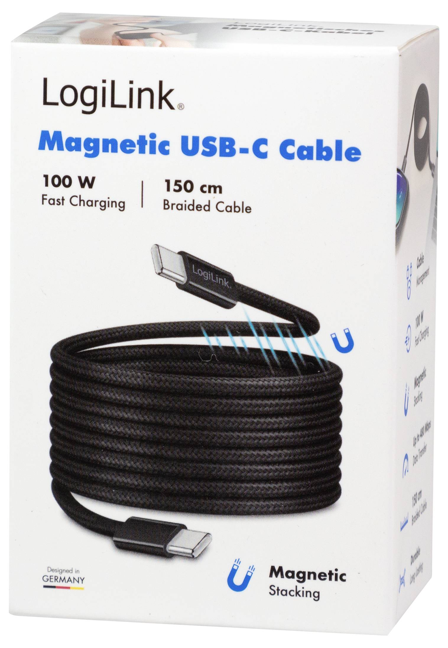 LogiLink Magnetisches USB-C-Kabel Verpackung, zeigt ein schwarzes geflochtenes 150 cm, 100 W Schnelllade-Kabel mit magnetischer Stapelfunktion.
