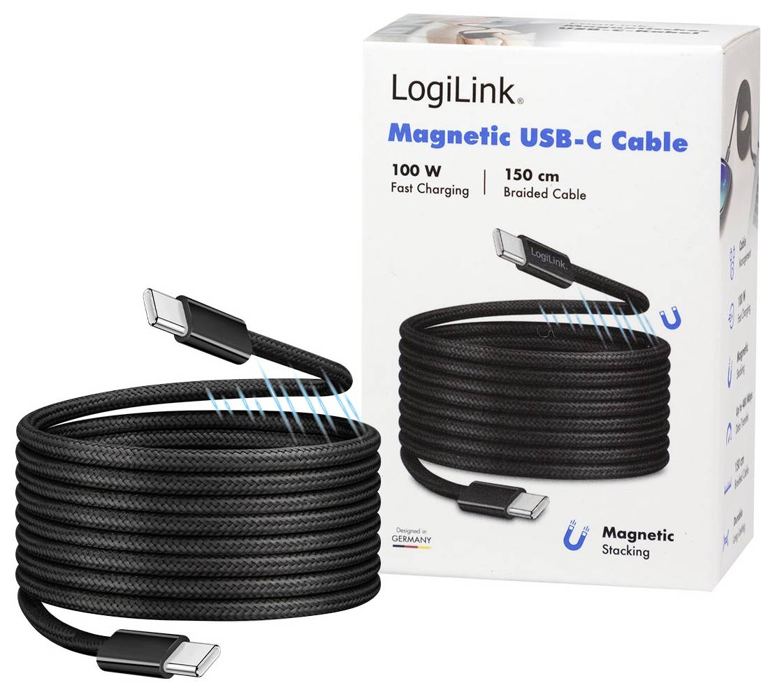 Produktabbildung eines LogiLink Magnet-USB-C-Kabels mit 100-W-Schnellladung, 150 cm geflochtenes Kabel, gezeigt in aufgewickelter Form mit magnetischer Stapelbarkeit und Verpackungskarton.