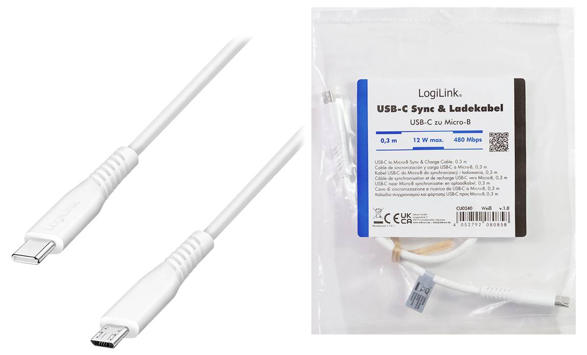 USB-C zu Micro-B Kabel neben Einzelhandelspackaung mit Beschriftung "LogiLink USB-C Sync & Ladekabel USB-C zu Micro-B", 0,3 m, max. 12 W, 480 Mbps.