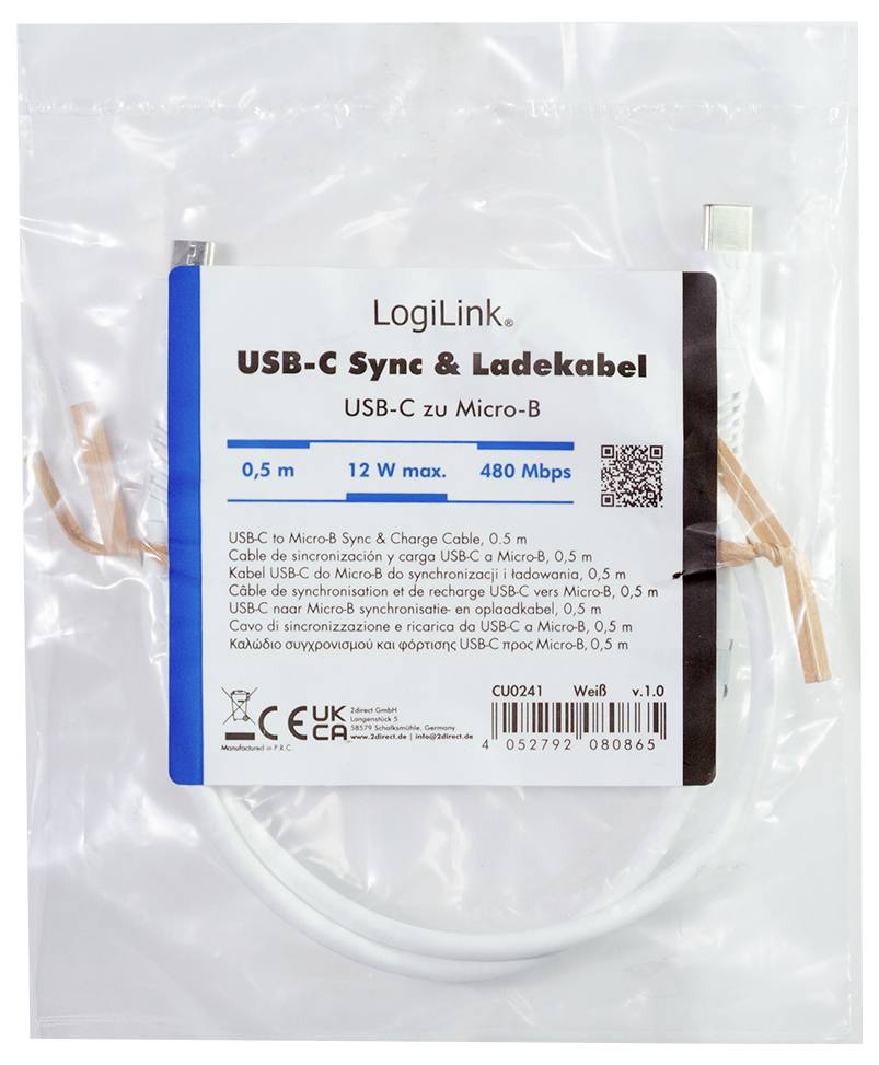 Verpacktes weißes LogiLink USB-C zu Micro-B Sync- und Ladekabel mit der Bezeichnung 0,5 m, max. 12 W, 480 Mbps.