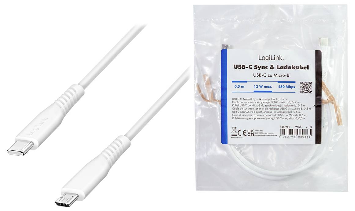 LogiLink USB-C® Kabel USB 2.0 USB-C® Stecker, USB-Micro-B Stecker 0.5 m Weiß CU0241-8