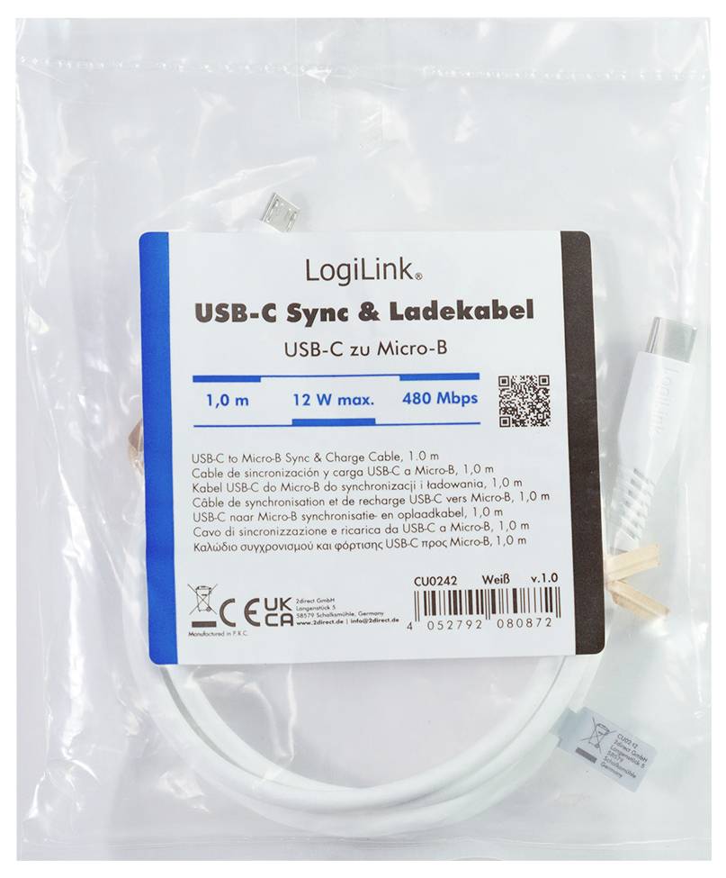 LogiLink USB-C auf Micro-B Synchronisierungs- und Ladekabel in einer durchsichtigen Kunststofftasche, mit der Bezeichnung 1,0 m, max. 12 W, 480 Mbps.