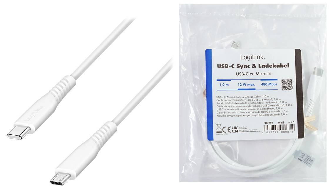 LogiLink USB-C® Kabel USB 2.0 USB-C® Stecker, USB-Micro-B Stecker 1.0 m Weiß CU0242-8