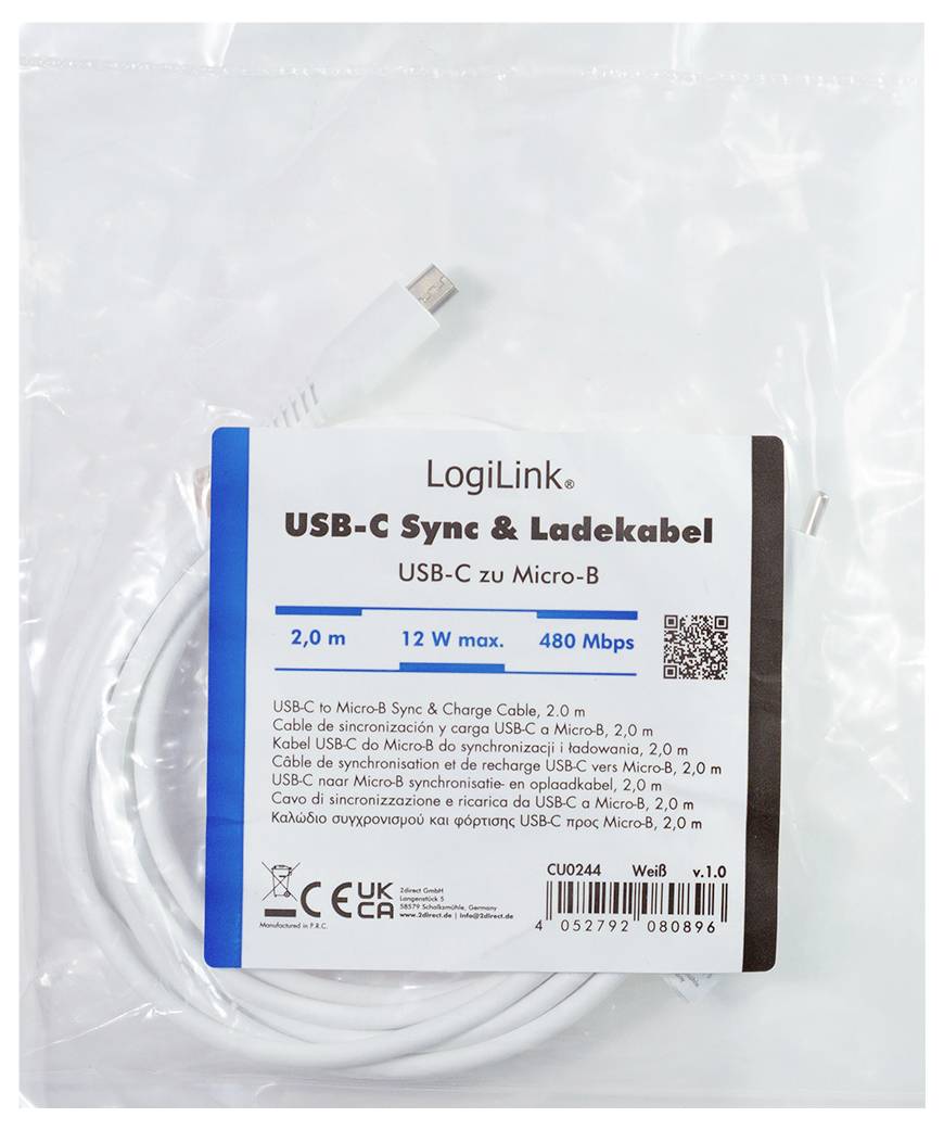 Verpacktes LorgiLink USB-C Synchronisierungs- und Ladekabel, beschriftet mit „USB-C zu Micro-B", 2,0 m, max. 12 W, 480 Mbps.