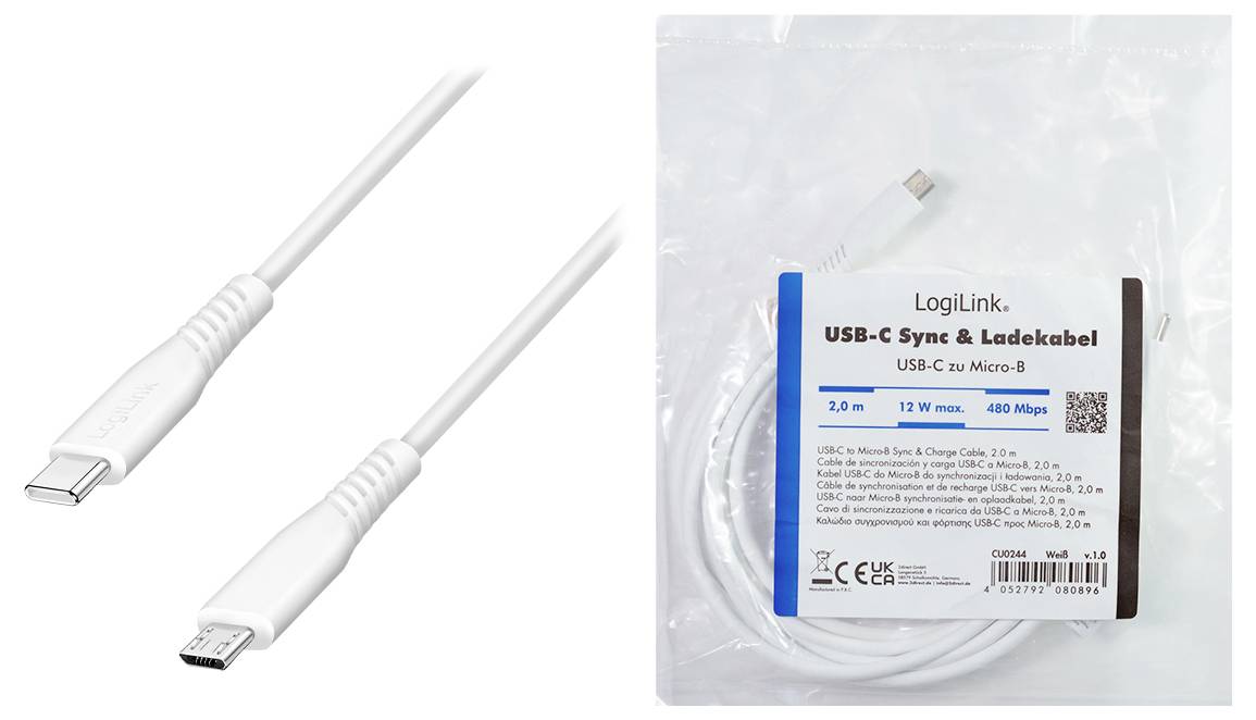 USB-C auf Micro-B Synchronisierungs- und Ladekabel, gezeigt sowohl in Nahaufnahme als auch verpackt in einer transparenten Einzelhandelstasche mit der Bezeichnung "LogiLink" und "2,0 m"