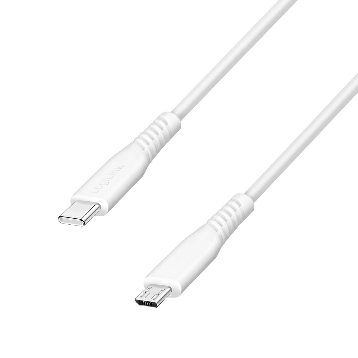 Weißes USB-C-auf-Micro-USB-Ladekabel mit zwei sichtbaren Steckern auf einfachem Hintergrund.