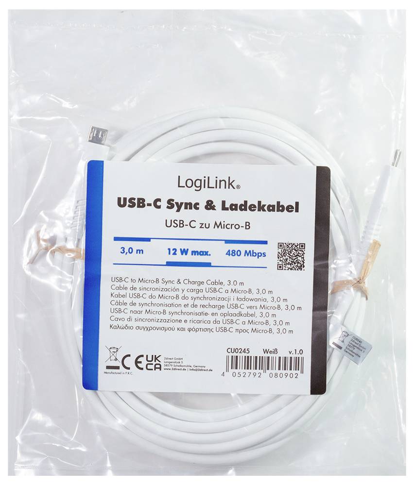 Verpacktes LogiLink USB-C Sync & Charge Kabel, USB-C auf Micro-B, 3,0 m, max. 12 W, 480 Mbps.