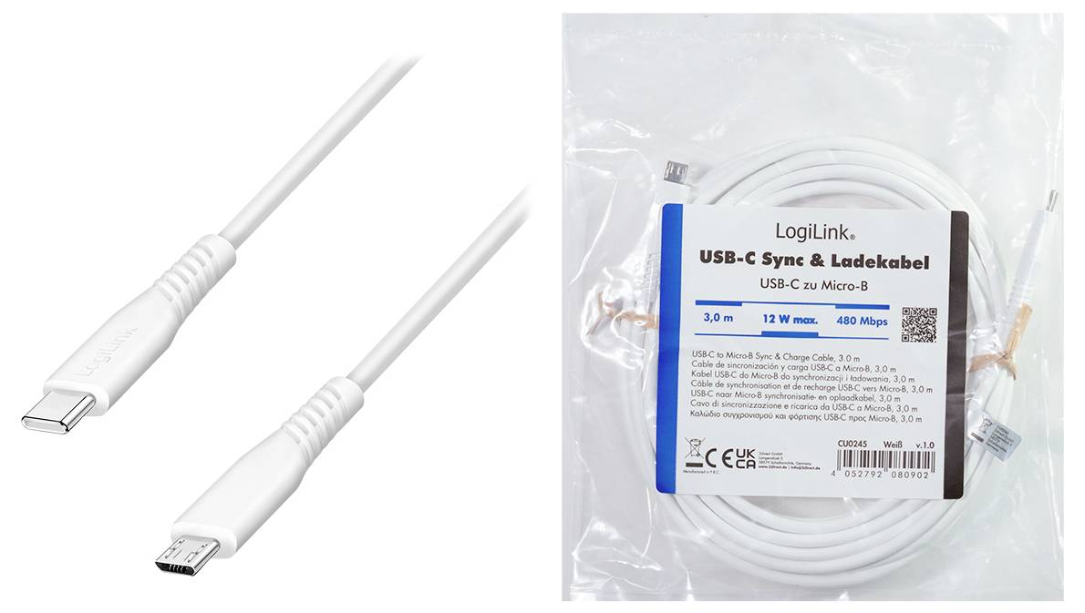 Weißes USB-C-auf-Micro-USB-Ladekabel vor weißem Hintergrund gezeigt, mit beiden Steckerendem sichtbar.