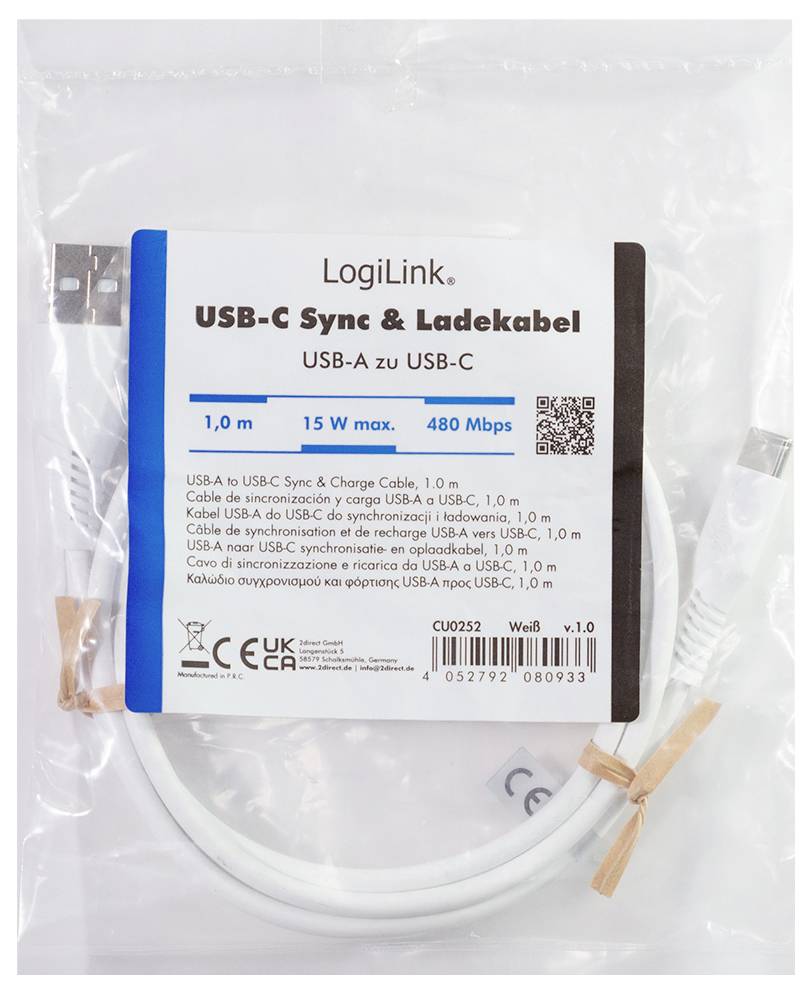Verpacktes LogiLink USB-C Synchronisierungs- und Ladekabel, USB-A zu USB-C, 1,0 m, maximal 15 W, 480 Mbps.