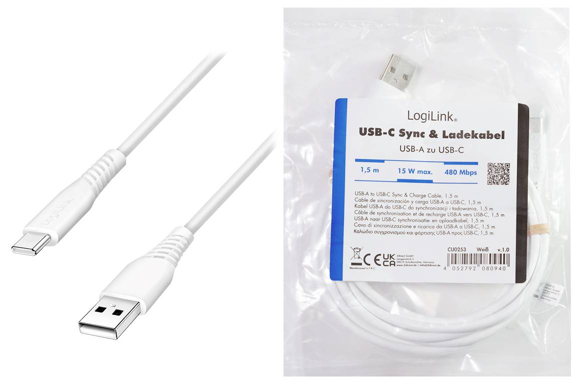 LogiLink USB-C® Kabel USB 2.0 USB-C® Stecker, USB-A Stecker 1.5 m Weiß CU0253-8