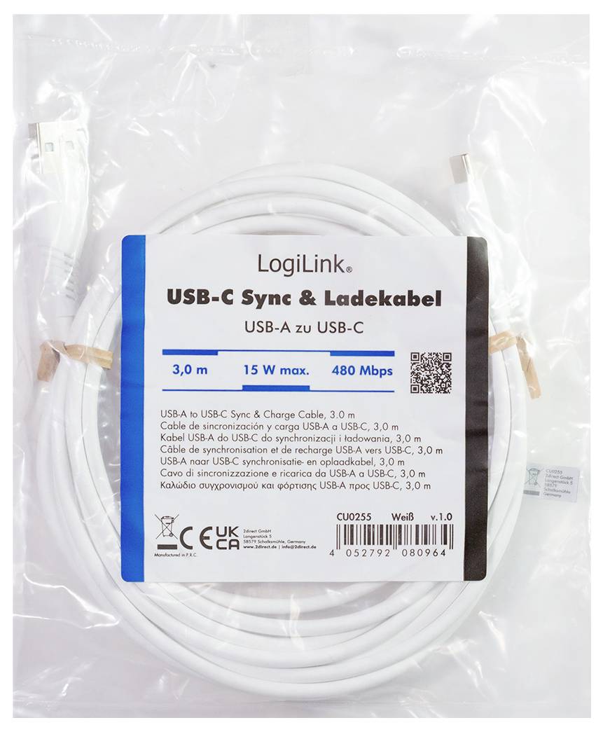 Verpacktes weißes LogiLink USB-C Synchronisierungs- und Ladekabel, USB-A zu USB-C, 3,0 m, max. 15 W, 480 Mbps.