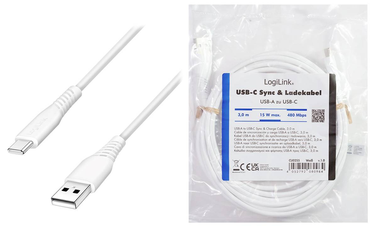 USB-C zu USB-A Lade- und Datenkabel mit aufgewickeltem Kabel in Einzelhandelsverpackung mit der Bezeichnung „LogiLink USB-C Sync & Ladekabel", 3,0 m, max. 15 W, 480 Mbps.