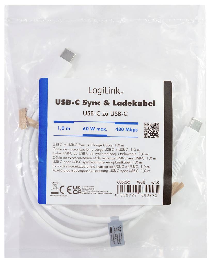 Verpackter LogiLink USB-C-Synchronisierungs- und Ladekabel, 1,0 m, max. 60 W, 480 Mbps, mit sichtbarem QR-Code und Produktetikett.