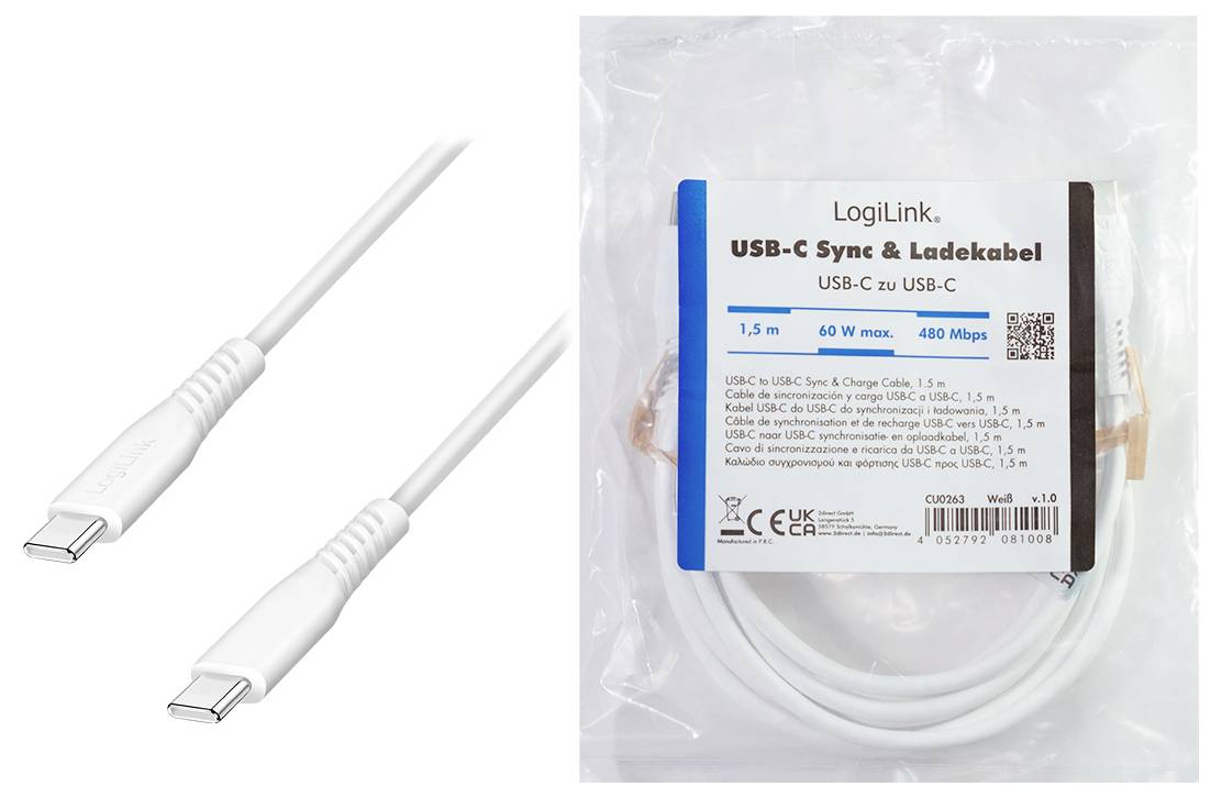 USB-C zu USB-C Ladekabel, ungestöpselt auf weißem Hintergrund dargestellt, mit verpacktem Produkt auf der rechten Seite, gekennzeichnet mit „LogiLink" und „USB-C Sync & Ladekabel".