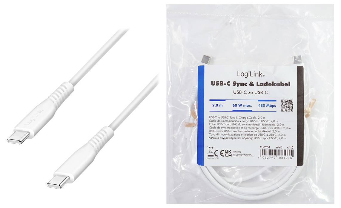Weißes USB-C-auf-USB-C-Kabel, dargestellt mit aufgewickeltem Kabel in Verpackung mit der Aufschrift „LogiLink USB-C Sync & Ladekabel", 2 m, max. 60 W, 480 Mbps.
