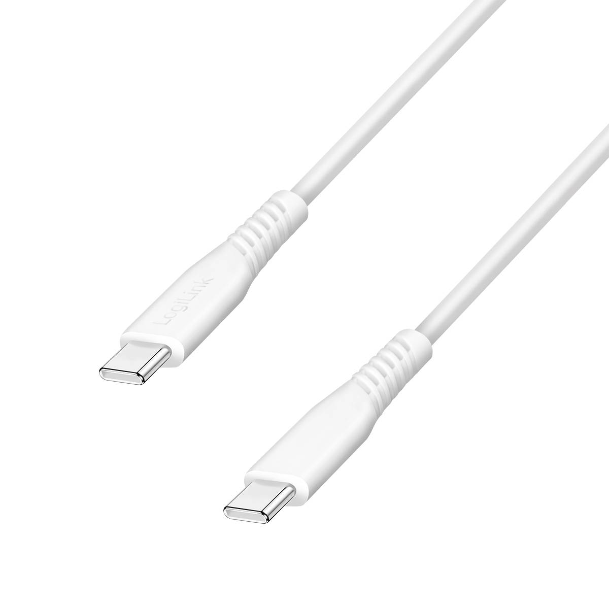 USB-C-Ladekabel in L-Form mit gewebtem schwarzem Kabel und grauen LogiLink-Steckern, dargestellt in Front- und Seitenansicht.