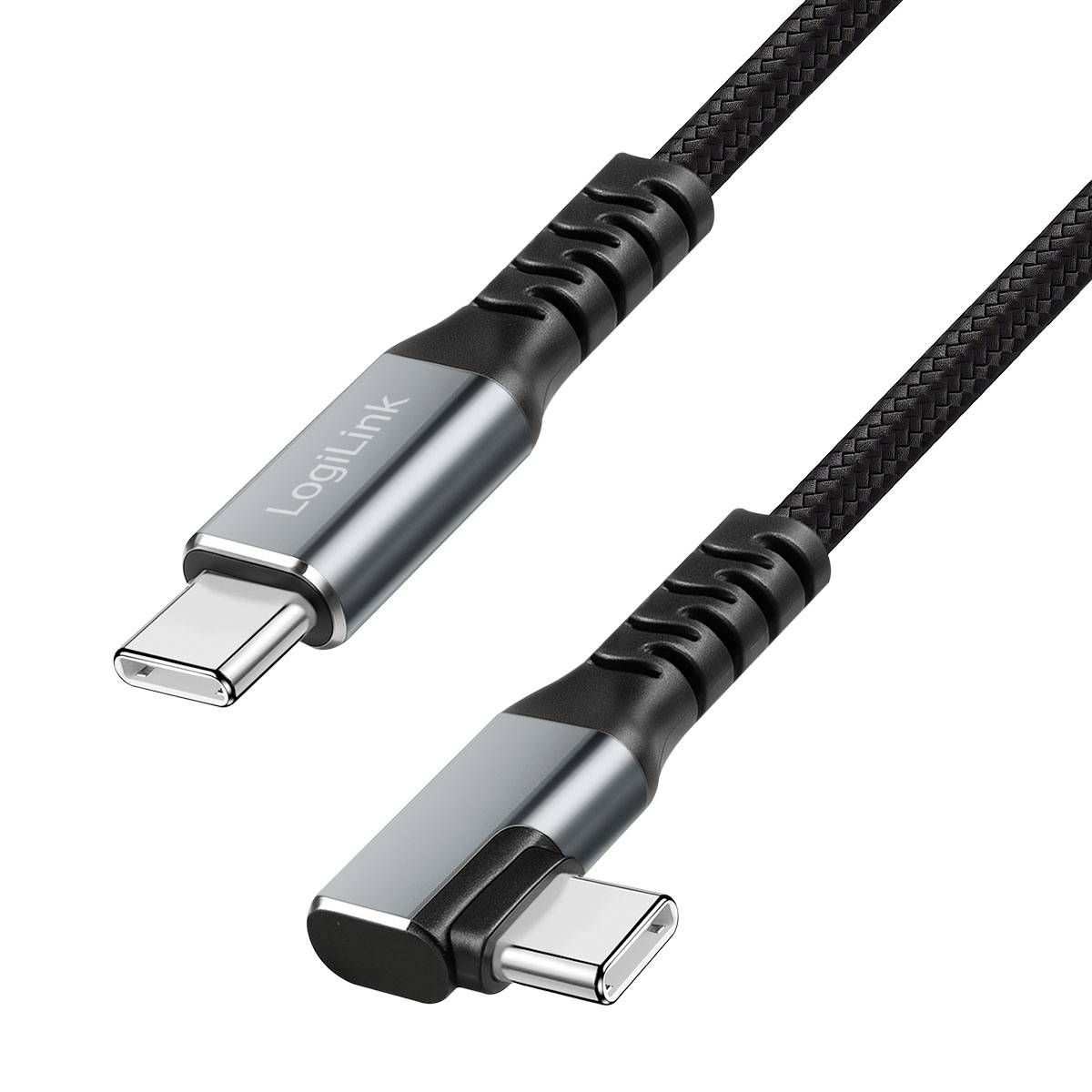 Zwei geflochtene USB-C-Kabel mit gewinkelte Steckverbindern, eins gerade und eins im rechten Winkel, mit der Marke „LogiLink" auf weißem Hintergrund.