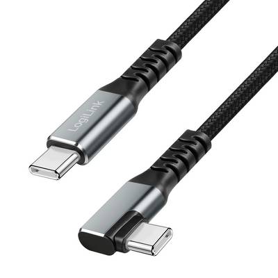 Zwei geflochtene USB-C-Kabel mit gewinkelte Steckverbindern, eins gerade und eins im rechten Winkel, mit der Marke „LogiLink" auf weißem Hintergrund.