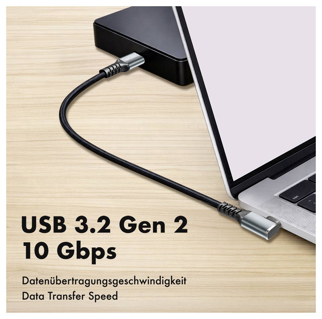 USB-C zu USB-A Lade- und Synchronisierungskabel in Weiß dargestellt, mit Produktetikett in der Verpackung mit der Aufschrift „LogiLink USB-C Sync & Ladekabel".