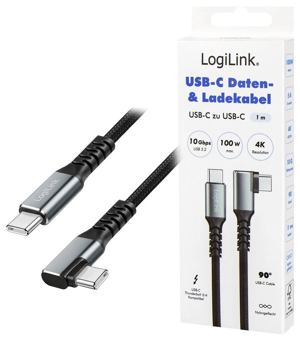 LogiLink USB-C® Kabel USB 3.2 Gen2 USB-C® Stecker 1.0 m Schwarz 90° nach rechts gewinkelt CU0271-7