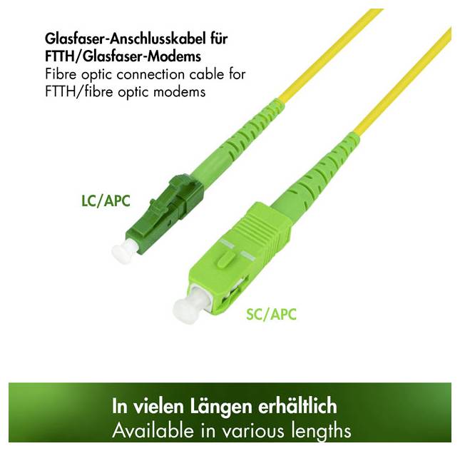 Glasfaserkabelverbindung für FTTH/Glasfasermodems mit grünen LC/APC- und SC/APC-Steckern, in verschiedenen Längen erhältlich.