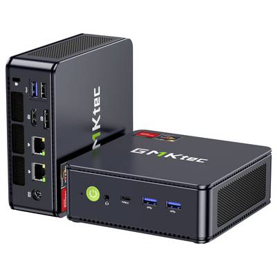 Zwei schwarze MINISFORUM Mini-PCs, einer aufrecht und einer horizontal, zeigen Front- und Rückseiten mit USB-, HDMI-, Ethernet- und Power-Button-Anschlüssen.