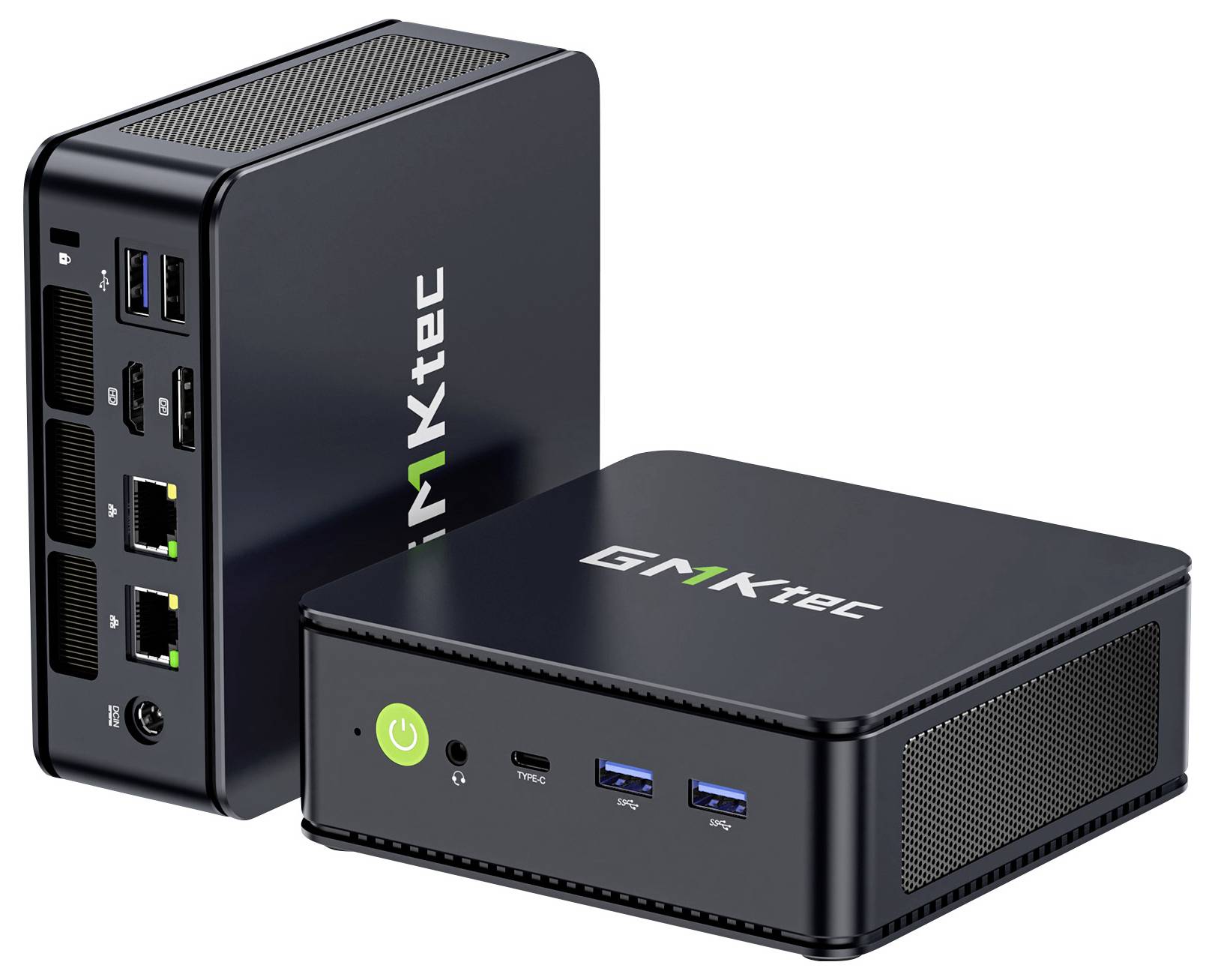 Zwei kleine schwarze Mini-PCs der Marke „MINISFORUM", die Anschlüsse an der Vorder- und Rückseite zeigen, einschließlich USB-, Ethernet- und Stromschalter.
