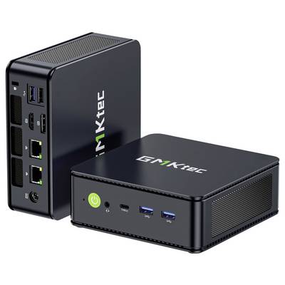 Zwei kleine schwarze Mini-PCs der Marke „MINISFORUM", die Anschlüsse an der Vorder- und Rückseite zeigen, einschließlich USB-, Ethernet- und Stromschalter.