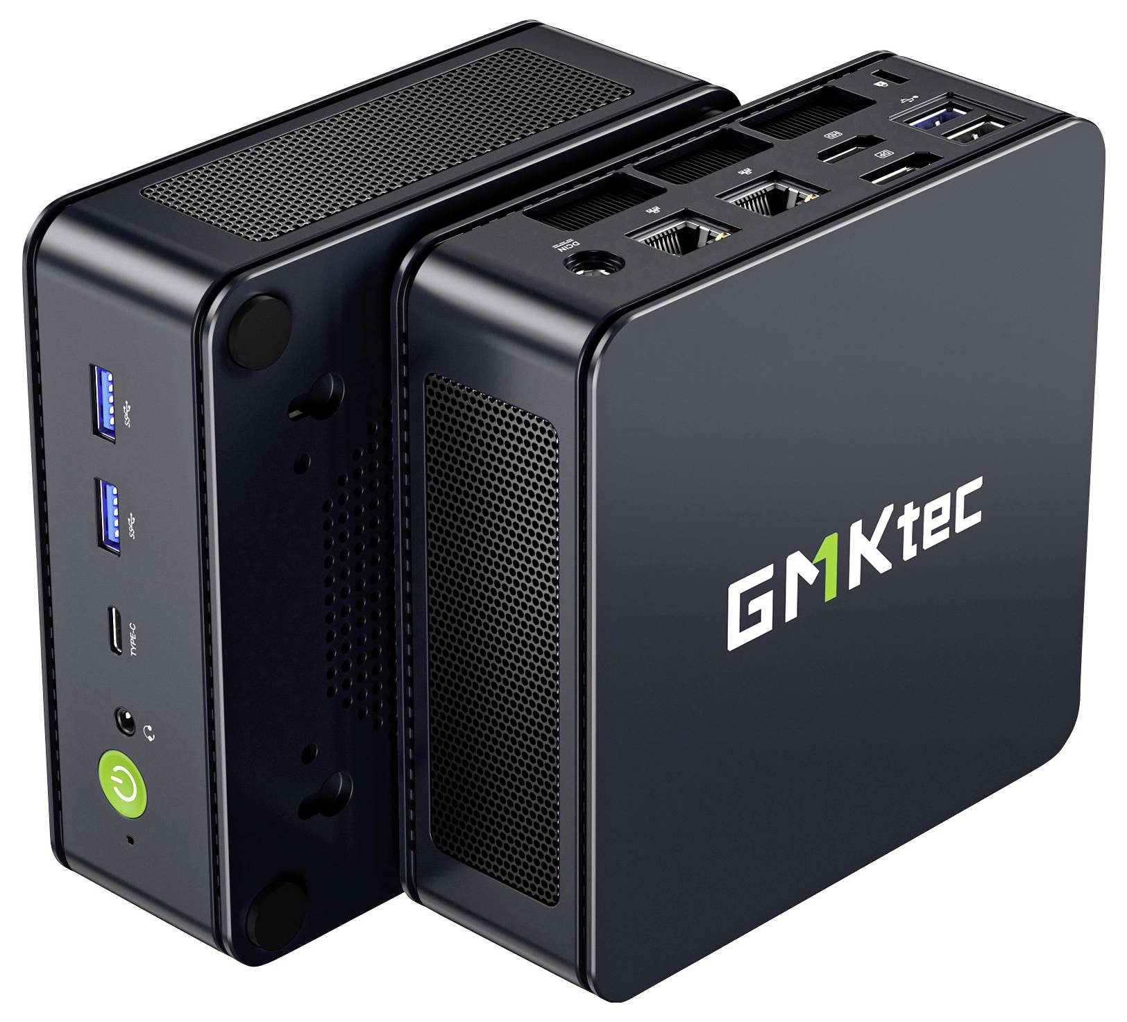Zwei kompakte schwarze GMKtec Mini-PCs nebeneinander dargestellt, mit mehreren USB-Anschlüssen und einem sichtbaren Stromschalter.