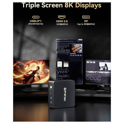 GEEKOM Mini-PC treibt drei 8K-Displays an; Beschriftungen zeigen USB4-, HDMI 2.0- und DP-Anschlüsse für Multi-Monitor-Ausgabe.