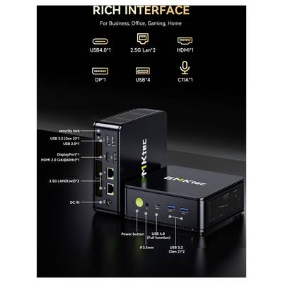 Produktwerbung für einen Briktec Mini-PC mit reichhaltigen Schnittstellenanschlüssen: USB4.0, 2.5G LAN, HDMI, DP, USB4 und CTIA-Mikrofon, mit gekennzeichneten vorderen und hinteren Anschlüssen.