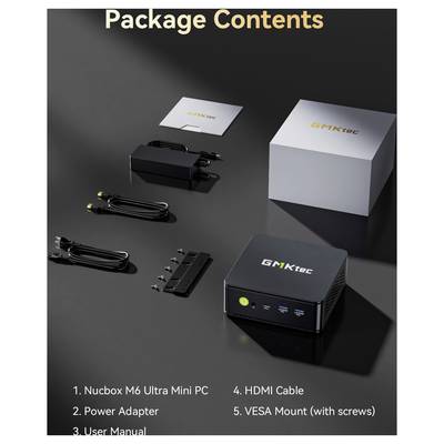 Paketinhalt des GMKtec Nucbox M6 Ultra Mini-PC: Mini-PC, Netzteil, Benutzerhandbuch, HDMI-Kabel und VESA-Halterung mit Schrauben.