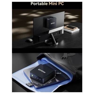 Werbebild eines kompakten „tragbaren Mini-PCs" auf einem Desktop-Monitor und in einer Tasche, das seine kleine Größe mit Abmessungen von 5,0 x 5,0 x 1,88 Zoll zeigt.