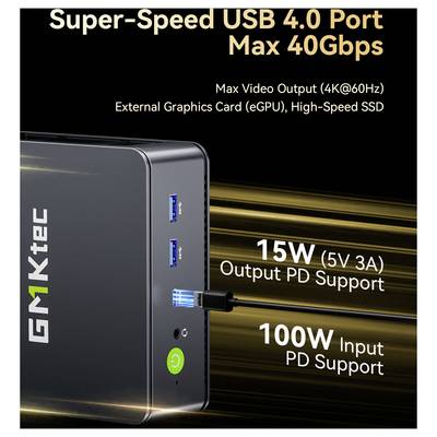 Werbebild eines GMKtec-Geräts mit Super-Speed USB 4.0 Port, max. 40Gbit/s, mit 4K@60Hz Videoausgabe, eGPU- und SSD-Unterstützung, 15W Ausgangs-PD und 100W Eingangs-PD.