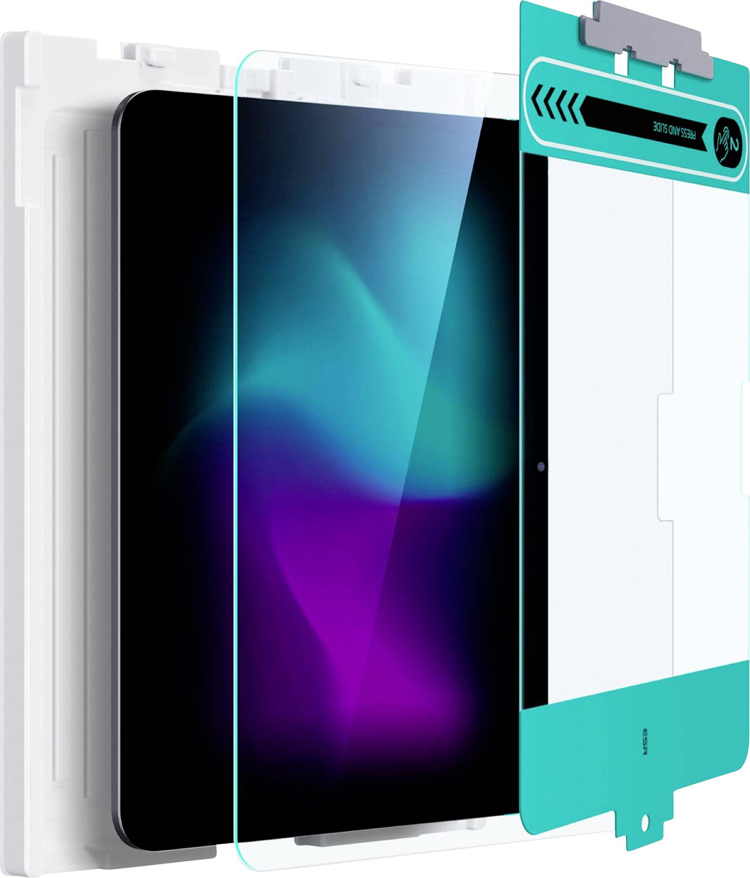 Ein Installationsgrafik für Smartphone-Displayschutzfolien mit einem Telefon, Ausrichtungsrahmen und Führungswerkzeug zum Anbringen des Schutzes.