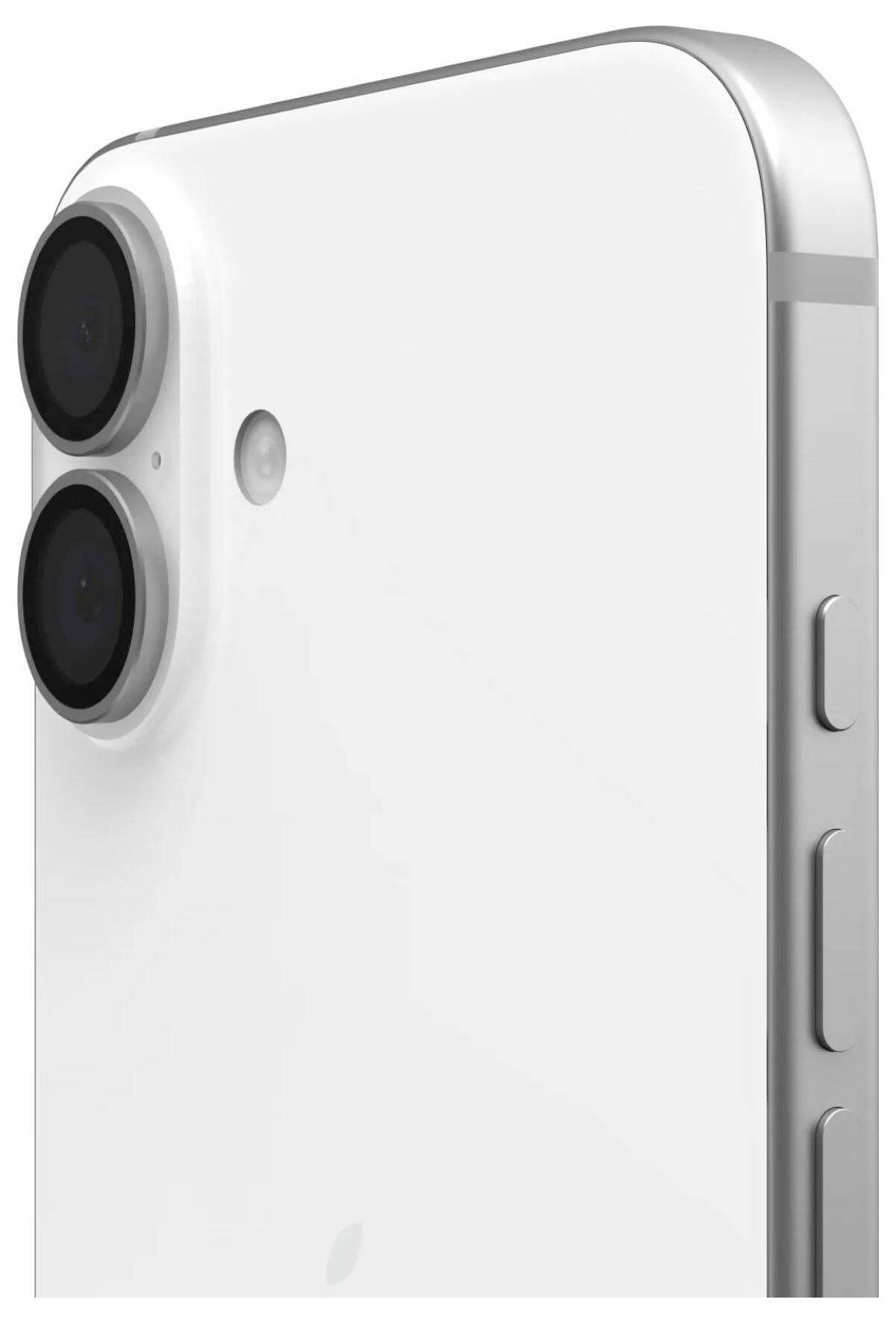 Nahaufnahme der hinteren Ecke eines weißen iPhone mit Dual-Kameras, Blitz und Seitentasten.