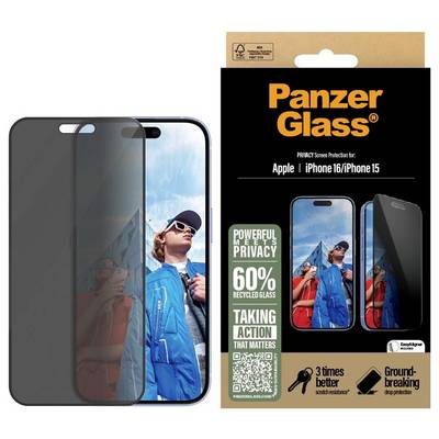 PanzerGlass Datenschutz-Displayschutzfolie für Apple iPhone 16/iPhone 15, dargestellt auf einem Telefon mit dunklem Datenschutzfilter und Retail-Verpackung, die 60% recyceltes Glas hervorhebt.