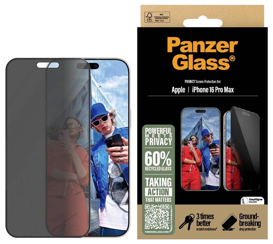 PanzerGlass Datenschutz-Bildschirmschutzfolie für Apple iPhone 16 Pro Max, gezeigt auf einem Telefon mit verdunkeltem Seitenansicht-Datenschutzeffekt und Einzelhandelverpackung mit Hervorhebung von 60% recyceltem Glas.