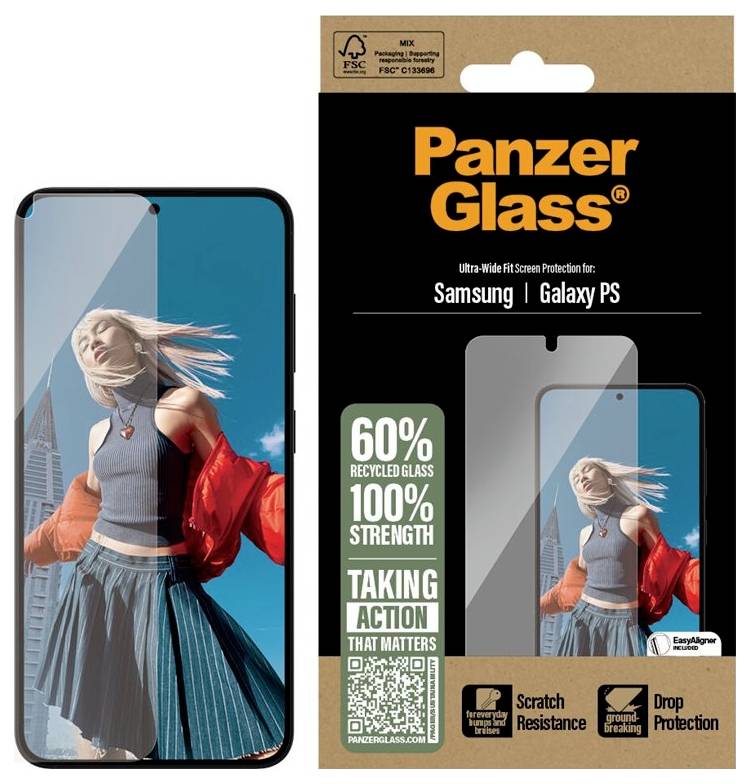 PanzerGlass Displayschutzfolie für Samsung Galaxy S5, zeigt ein Telefon mit installierter Schutzfolie und Angaben zu 60% recyceltem Glas, 100% Festigkeit, Kratzfestigkeit und Fallschutz.