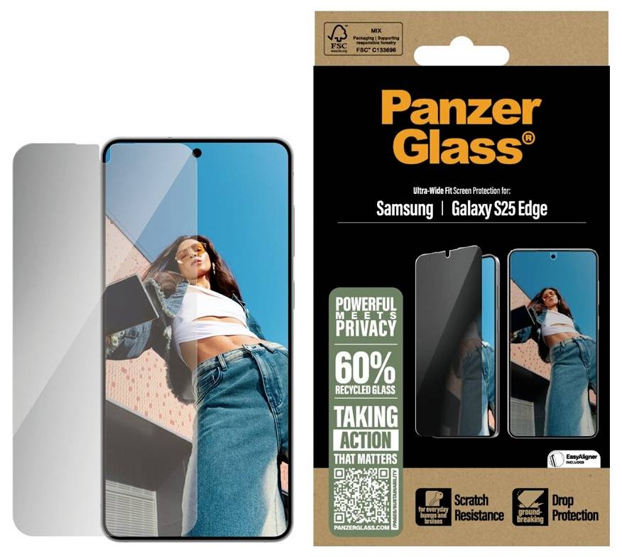 PanzerGlass Datenschutz-Displayschutz für Samsung Galaxy S25 Edge, auf dem Telefon und der Verpackung gezeigt; verspricht 60% recyceltes Glas, Kratzer- und Sturzschutz.