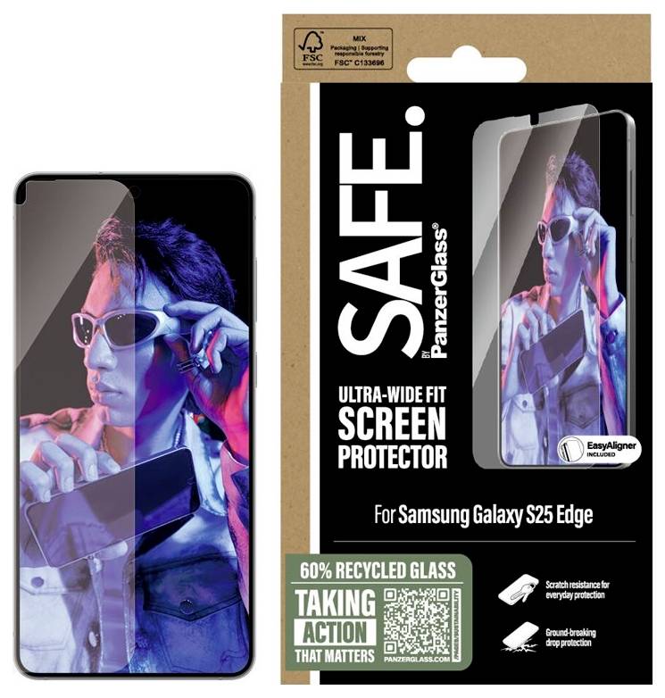 Samsung Galaxy S25 Edge Displayschutzfolie mit Telefon-Mockup, gekennzeichnet mit SICHER. PanzerGlass Ultra-Wide Fit, 60% recyceltes Glas, EasyAligner im Lieferumfang enthalten.