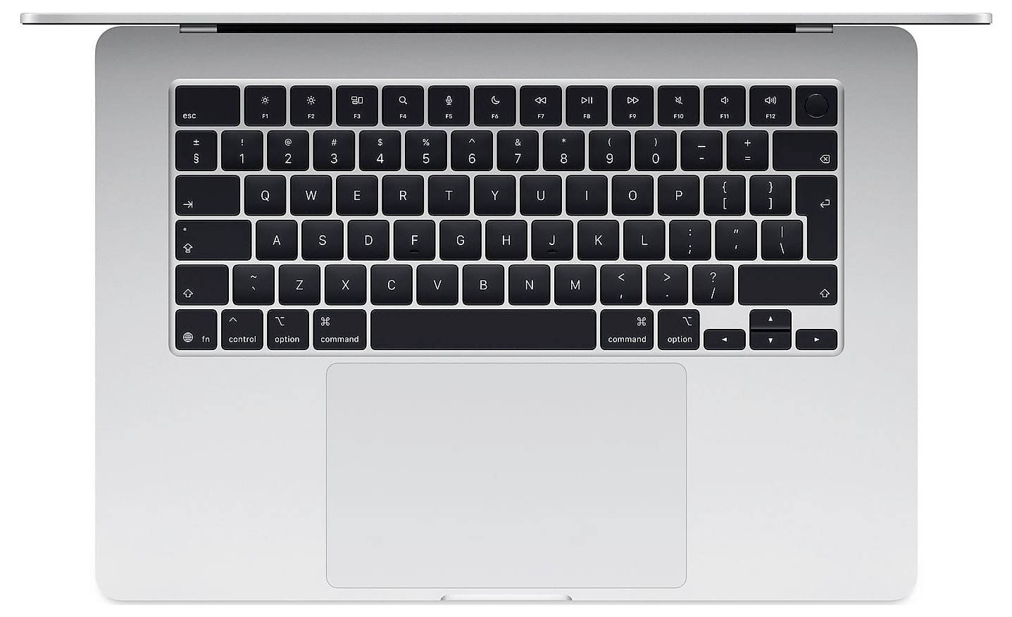 Oberansicht eines silbernen Laptop-Computers mit schwarzer Tastatur und großem Touchpad.