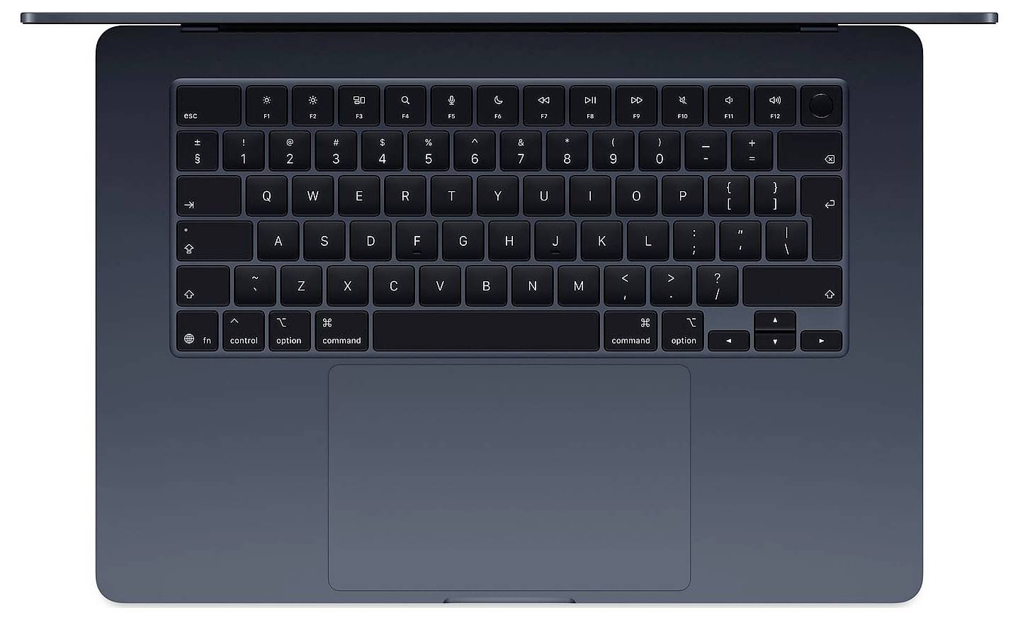 Draufsicht auf ein dunkles Laptop mit beleuchteter Tastatur und großem Trackpad, geschlossen bzw. ohne sichtbaren Bildschirm.<br>