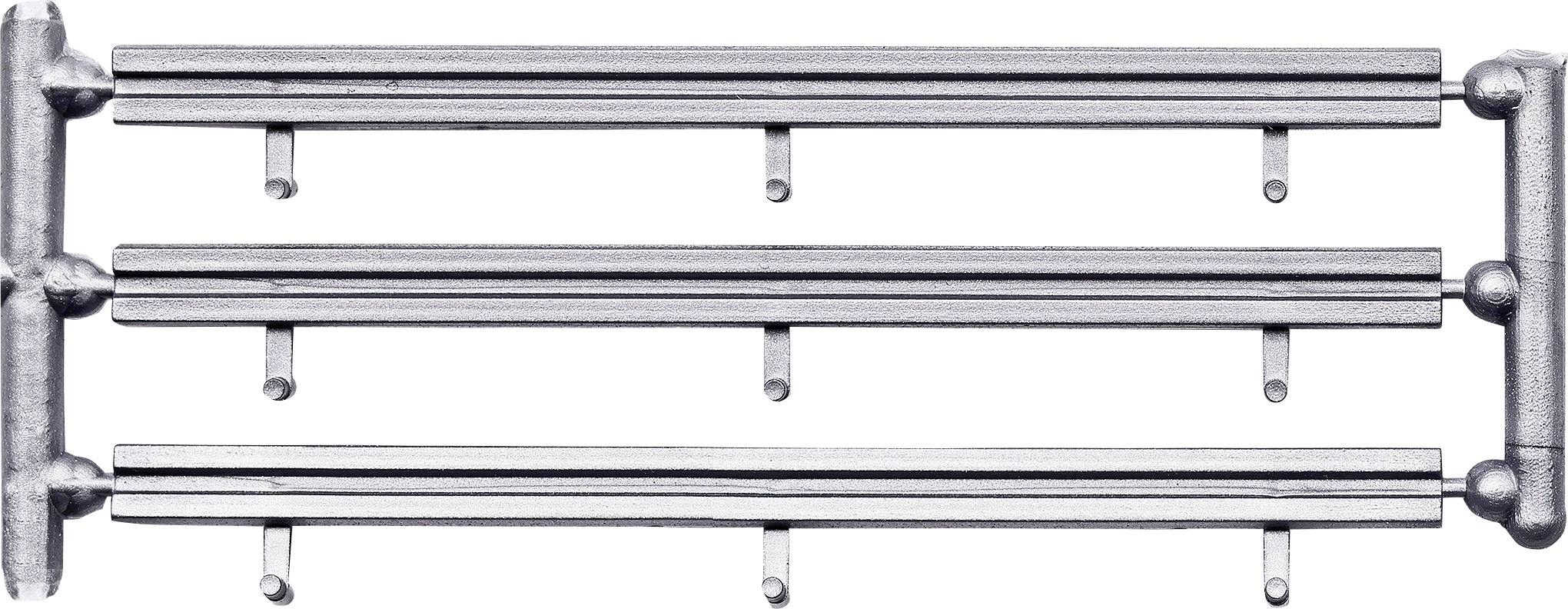 Illustration eines horizontalen Rohrkrümmers mit drei parallel angeordneten Edelstahlrohren, die durch Endfittings verbunden sind und mehrere Auslassanschlüsse an der Unterseite aufweisen.