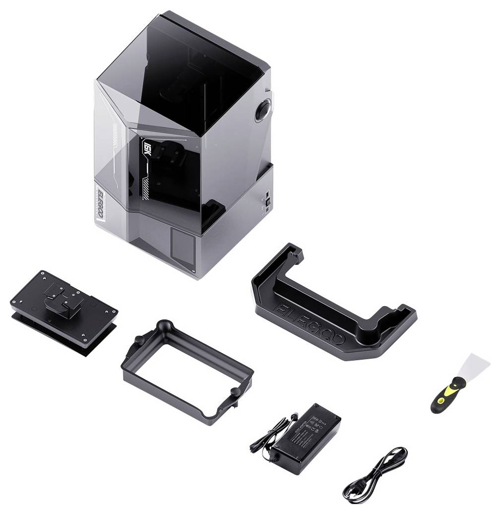 3D-Drucker-Zubehörset mit transparenter Gehäuseeinheit, Montagrahmen, Halterung, Netzteil, USB-Kabel und Schaberwerkzeug.