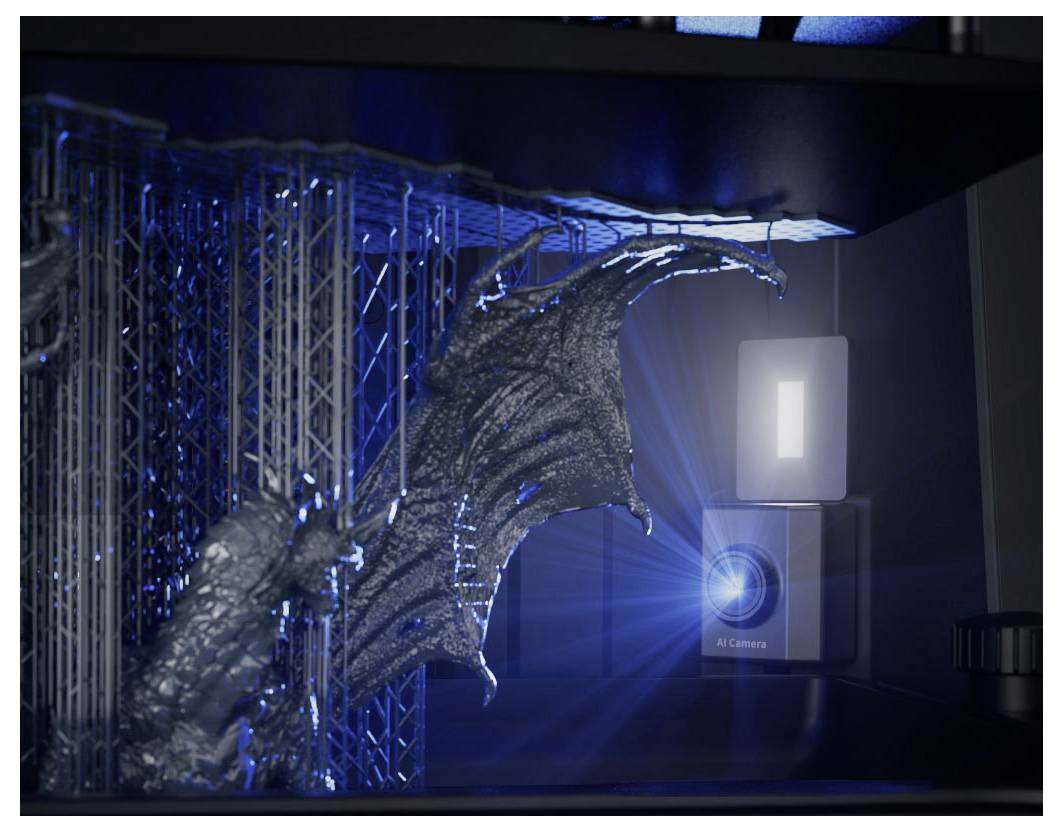 Metallische drachenähnliche Kreatur, die in einem dunkelblauen Serverraum auf eine leuchtende Sicherheitskamera mit der Aufschrift "AI Camera" zustürzt.