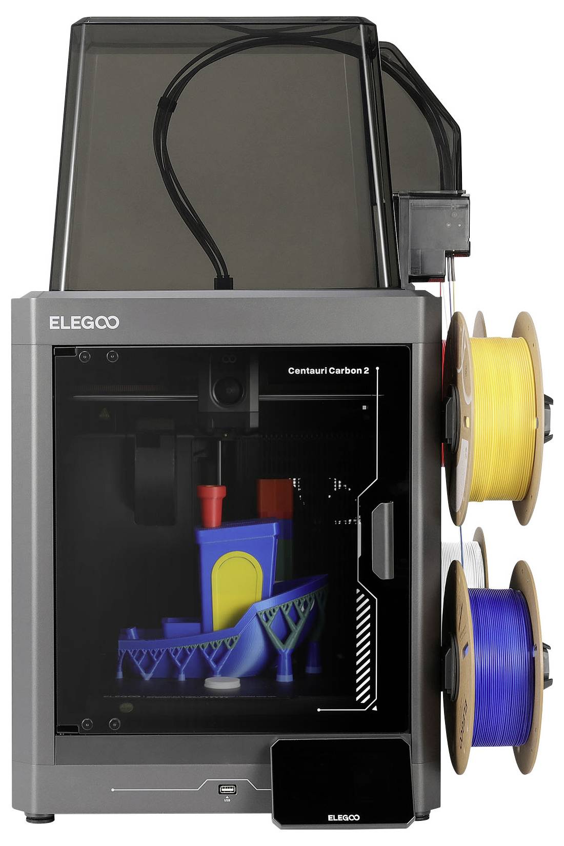 Ein ELEGOO geschlossener 3D-Drucker druckt ein farbiges Modell, mit gelben und blauen Filamentrollen, die auf der rechten Seite montiert sind.