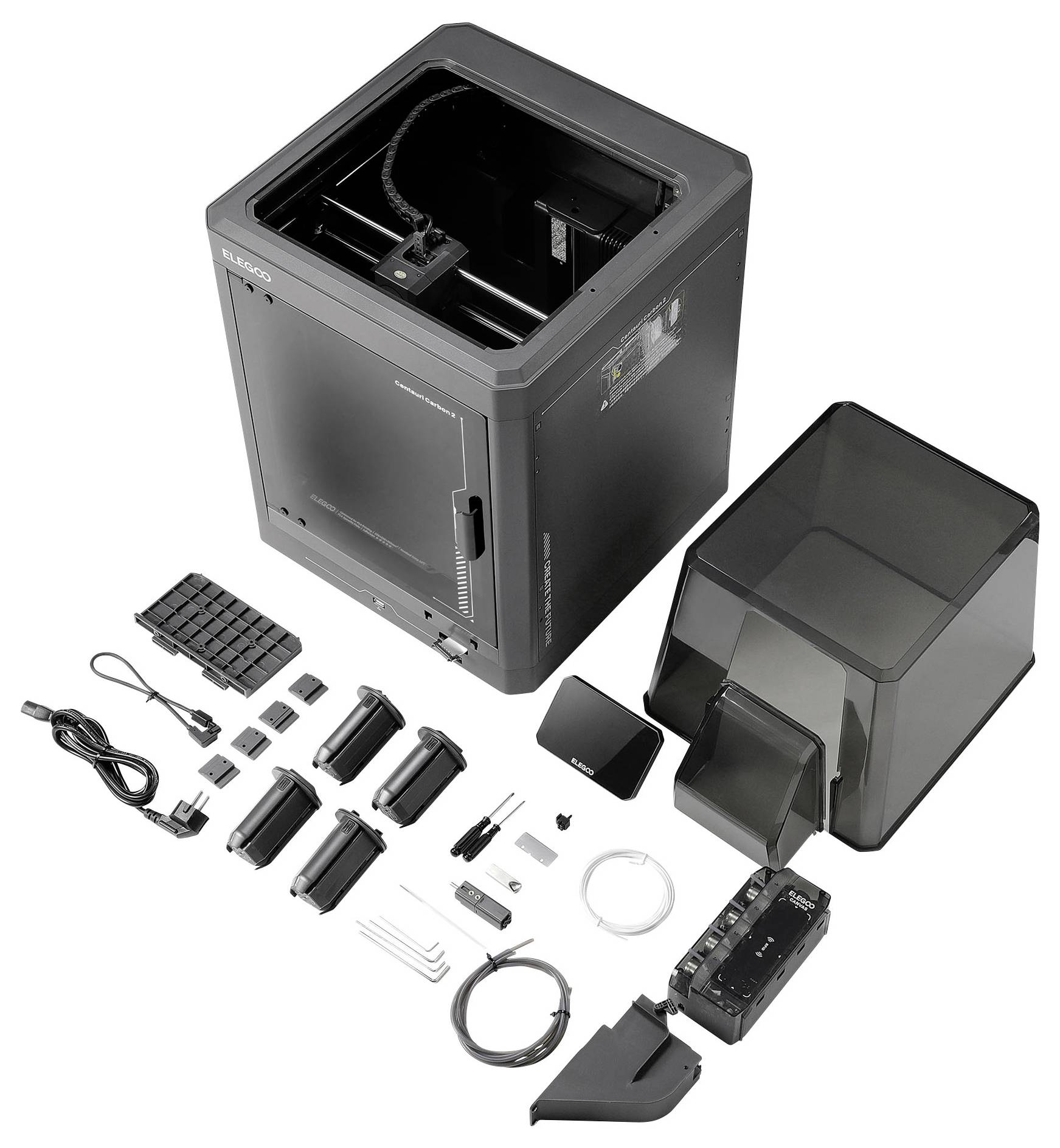 Schwarzer 3D-Drucker mit abgenommener Abdeckung und angeordnetem Zubehör, was einen Drucker-Bausatz oder eine Produktinhaltsansicht nahelegt.