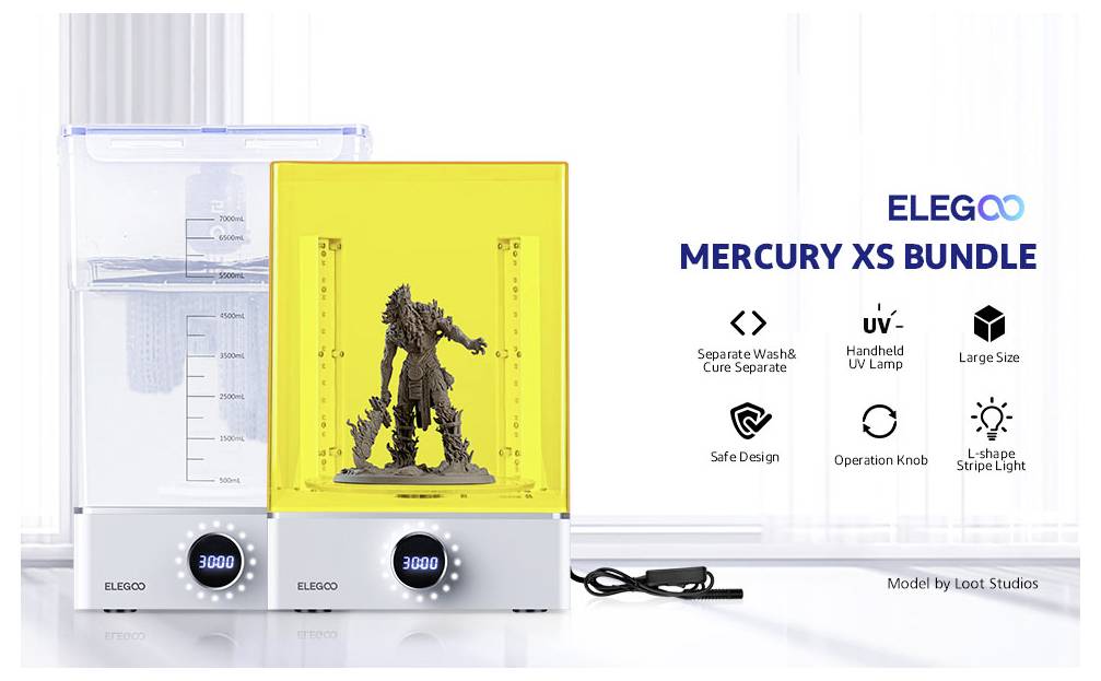 Produktwerbung zeigt ELEGOO Mercury XS Bundle: separate Wasch- und Härtungsgeräte, eines mit gelbem UV-Deckel und einer Modellstatuette innen, plus Funktionssymbole und Text.